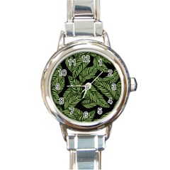 Tropical Leaves On Black Round Italian Charm Watch by snowwhitegirl