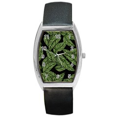 Tropical Leaves On Black Barrel Style Metal Watch by snowwhitegirl