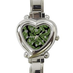 Tropical Leaves On Black Heart Italian Charm Watch by snowwhitegirl