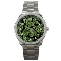 Tropical Leaves On Black Sport Metal Watch by snowwhitegirl