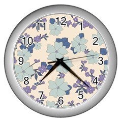 Vintage Floral Blue Pattern Wall Clock (silver) by snowwhitegirl