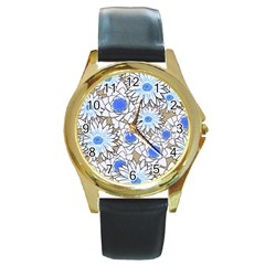 Vintage White Blue Flowers Round Gold Metal Watch by snowwhitegirl