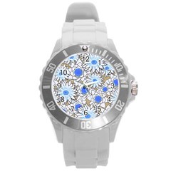 Vintage White Blue Flowers Round Plastic Sport Watch (l) by snowwhitegirl