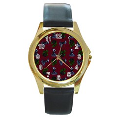 Gothic Girl Rose Red Pattern Round Gold Metal Watch by snowwhitegirl