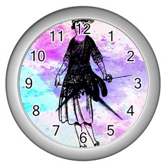 Vintage Girl Abstract Watercolor Wall Clock (silver) by snowwhitegirl