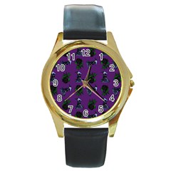 Gothic Girl Rose Purple Pattern Round Gold Metal Watch by snowwhitegirl