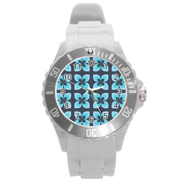 Retro Flower Blue Round Plastic Sport Watch (L)