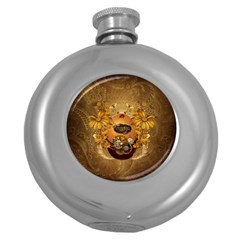 Awesome Steampunk Easter Egg With Flowers, Clocks And Gears Round Hip Flask (5 Oz) by FantasyWorld7