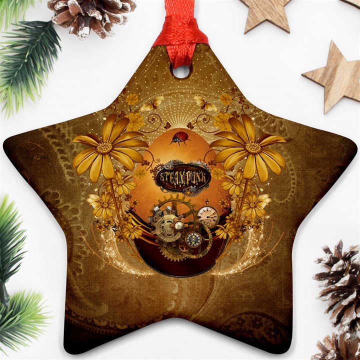 Awesome Steampunk Easter Egg With Flowers, Clocks And Gears Star Ornament (Two Sides)