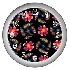 Pattern Flowers Wallpaper Wall Clock (silver) by Pakrebo