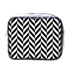 Black And White Herringbone Mini Toiletries Bag (one Side) by retrotoomoderndesigns