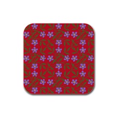 Red With Purple Flowers Rubber Square Coaster (4 Pack) 