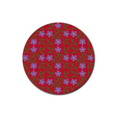 Red With Purple Flowers Rubber Coaster (round)  by snowwhitegirl