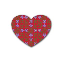 Red With Purple Flowers Rubber Coaster (heart) 