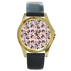 Vintage Girl With Flowers Pink Round Gold Metal Watch by snowwhitegirl