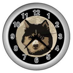 Husky Moon Wall Clock (silver) by snowwhitegirl