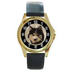 Husky Moon Round Gold Metal Watch by snowwhitegirl