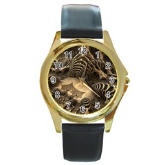 Fractal Bones Cave Fossil Render Round Gold Metal Watch by Pakrebo