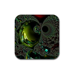 Fractal Intensive Green Olive Rubber Coaster (square)  by Pakrebo