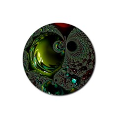 Fractal Intensive Green Olive Rubber Round Coaster (4 Pack)  by Pakrebo