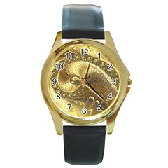 Fractal Golden Background Aesthetic Round Gold Metal Watch by Pakrebo