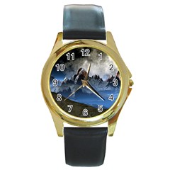 Mountains Moon Earth Space Round Gold Metal Watch by Pakrebo