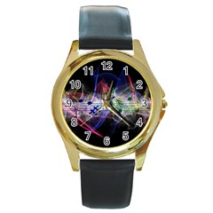 Brush Particles Music Clef Wave Round Gold Metal Watch by Pakrebo