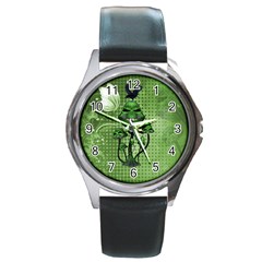 Funny Mushroom Skulls With Crow And Butterflies Round Metal Watch by FantasyWorld7