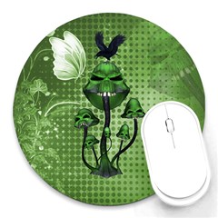 Funny Mushroom Skulls With Crow And Butterflies Round Mousepads by FantasyWorld7