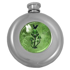 Funny Mushroom Skulls With Crow And Butterflies Round Hip Flask (5 Oz) by FantasyWorld7