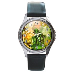 Awesome Funny Mushroom Skulls With Roses And Fire Round Metal Watch by FantasyWorld7