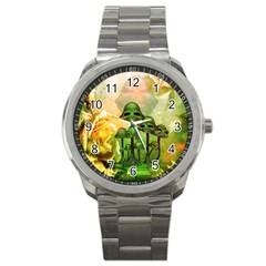 Awesome Funny Mushroom Skulls With Roses And Fire Sport Metal Watch by FantasyWorld7