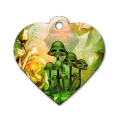 Awesome Funny Mushroom Skulls With Roses And Fire Dog Tag Heart (two Sides) by FantasyWorld7