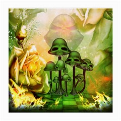 Awesome Funny Mushroom Skulls With Roses And Fire Medium Glasses Cloth (2-side) by FantasyWorld7