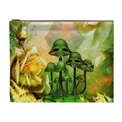 Awesome Funny Mushroom Skulls With Roses And Fire Cosmetic Bag (xl) by FantasyWorld7