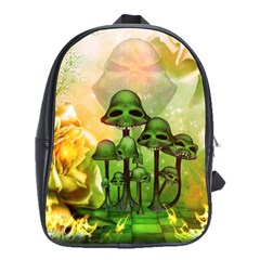 Awesome Funny Mushroom Skulls With Roses And Fire School Bag (large) by FantasyWorld7