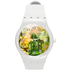 Awesome Funny Mushroom Skulls With Roses And Fire Round Plastic Sport Watch (m) by FantasyWorld7