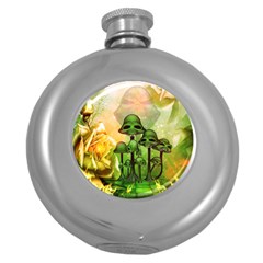 Awesome Funny Mushroom Skulls With Roses And Fire Round Hip Flask (5 Oz) by FantasyWorld7