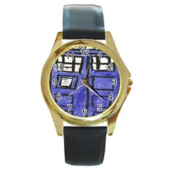 Tardis Painting Round Gold Metal Watch by Sudhe