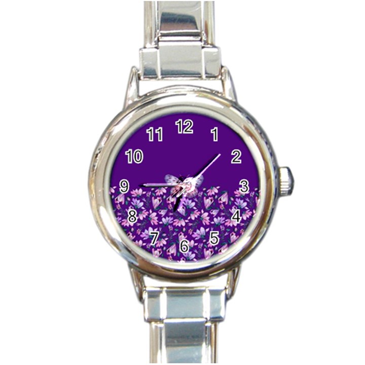 Purple Spring Butterfly Round Italian Charm Watch