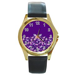 Purple Spring Butterfly Round Gold Metal Watch by lucia