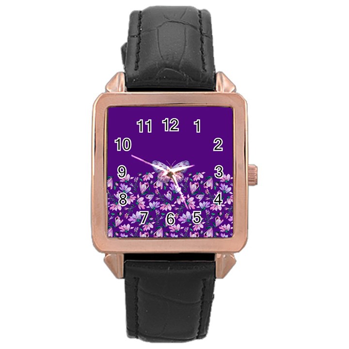 Purple Spring Butterfly Rose Gold Leather Watch 