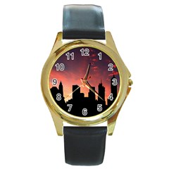 Skyline Panoramic City Architecture Round Gold Metal Watch by Sudhe