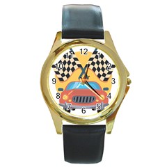 Automobile Car Checkered Drive Round Gold Metal Watch by Sudhe