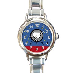 A Rocket Ship Sits On A Red Planet With Gold Stars In The Background Round Italian Charm Watch by Sudhe