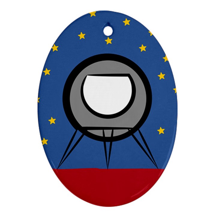 A Rocket Ship Sits On A Red Planet With Gold Stars In The Background Ornament (Oval)