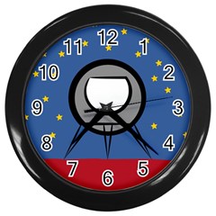 A Rocket Ship Sits On A Red Planet With Gold Stars In The Background Wall Clock (black) by Sudhe