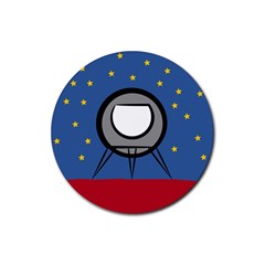 A Rocket Ship Sits On A Red Planet With Gold Stars In The Background Rubber Coaster (round)  by Sudhe