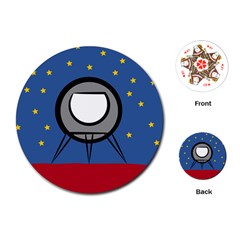 A Rocket Ship Sits On A Red Planet With Gold Stars In The Background Playing Cards (round) by Sudhe