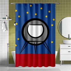 A Rocket Ship Sits On A Red Planet With Gold Stars In The Background Shower Curtain 48  X 72  (small)  by Sudhe